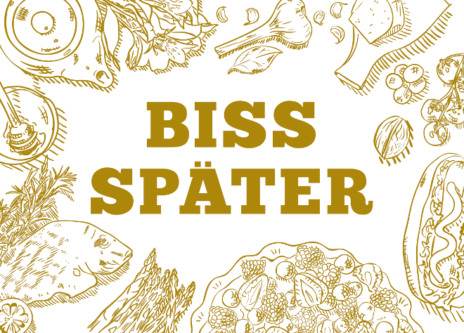 Freecard mit dem Text "Biss später" und Illustrationen von verschiedenen Speisen