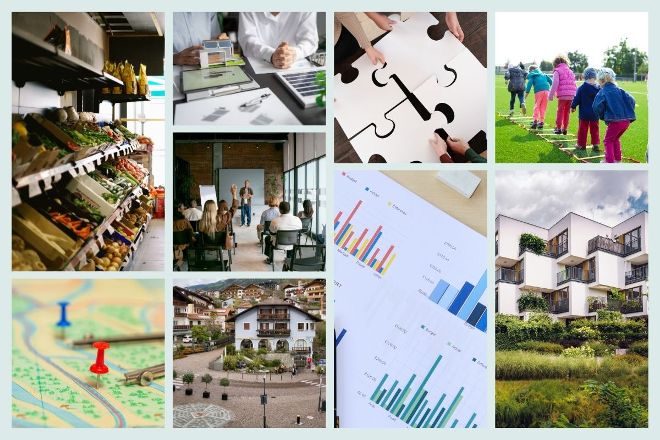 Fotocollage mit Diagrammen, Kindern, Puzzlestücken, Wohnhäusern, Besprechungen