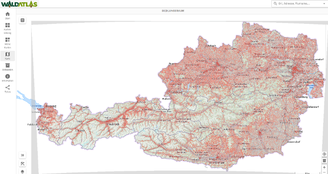 Screenshot Waldatlas Siedlungsraum Karte, Karte von Österreich mit rot markierten Gebieten und Ortsnamen, links oben das Logo 'WALDATLAS'