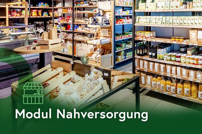 Ein Geschäft von innen mit Text Modul Nahversorgung