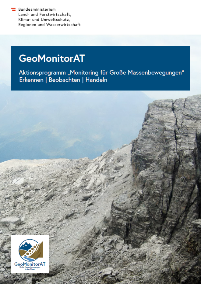 Titelbild der Broschüre zu GeoMonitorAT mit Bild eines abgebrochenen Gipfels