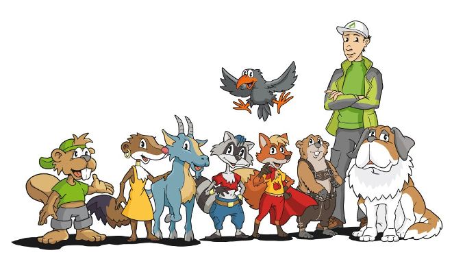 Biber Berti und seine Freunde, Hanne Hermelin, Stani Steinbock, Randy Raccoon, Florentina Fuchs, Killian Krähe, Berry Bernhardiner und die Wildbach- und Lawinenverbauung lehren Kindern und Jugendlichen alles über den Wald und Naturgefahren.