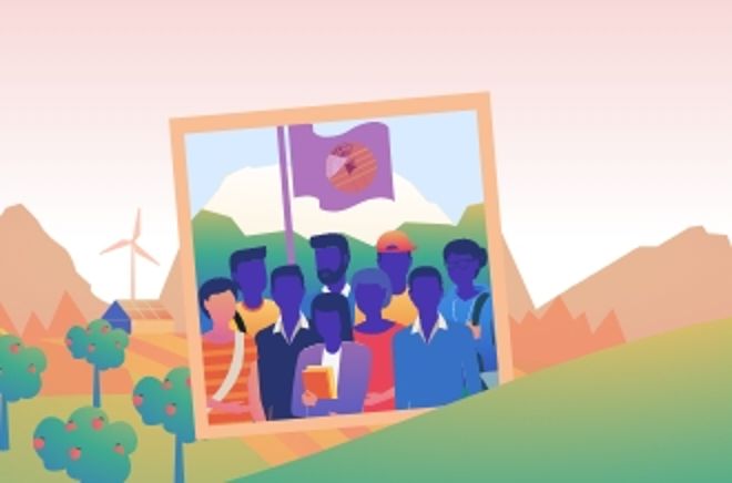 Piktorgramm des EUSALP Jugendrats mit jungen Menschen in einer alpinen Landschaft 