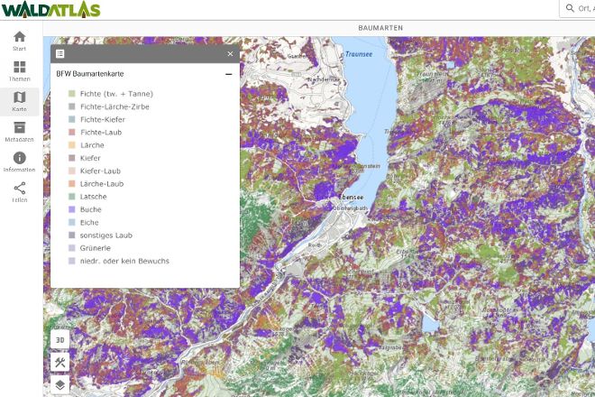 Baumartenkarte des BFW im WALDATLAS abrufbar