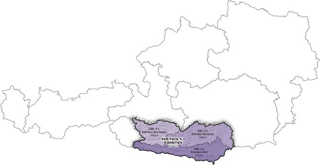 Österreichkarte mit Markierung von Kärnten der Wildbach- und Lawinenverbauung