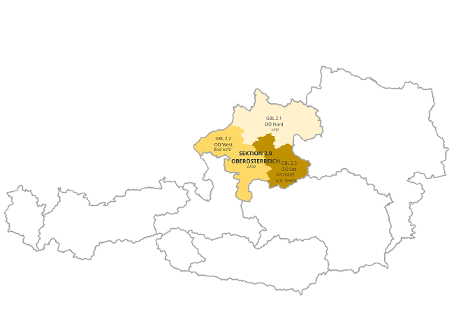 Österreichkarte mit Markierung von Oberösterreich der Wildbach- und Lawinenverbauung