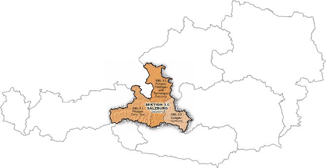 Österreichkarte mit Markierung von Salzburg der Wildbach- und Lawinenverbauung