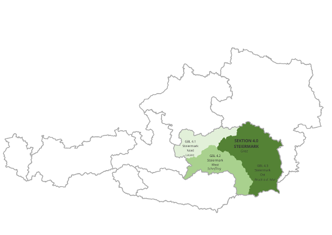 Österreichkarte mit Markierung von Steiermark der Wildbach- und Lawinenverbauung