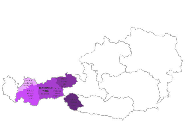 Österreichkarte mit Markierung von Tirol der Wildbach- und Lawinenverbauung