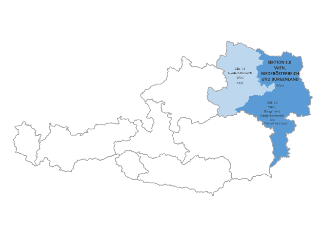 Österreichkarte mit Markierung von Wien, Niederösterreich, Burgenland der Wildbach- und Lawinenverbauung<br/>