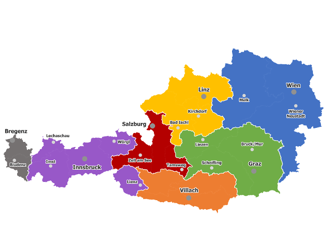 Österreichkarte mit Standorten der Wildbach- und Lawinenverbauung