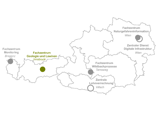 Österreichkarte der Fachzentren für Geologie und Lawinen der Wildbach- und Lawinenverbauung