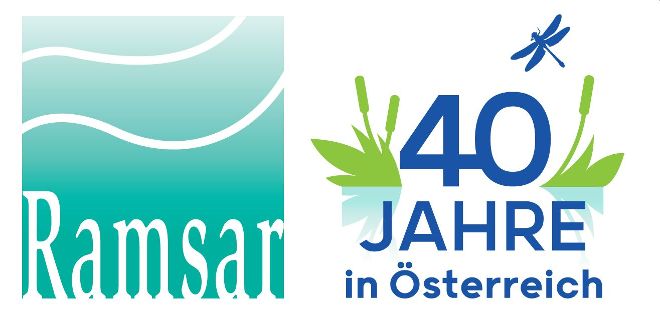 Logo mit der Aufschrift links Ramsar, rechts steht 40 Jahre in Oesterreich
