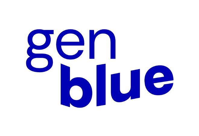 Das neue Logo von gen blue als blauer Schriftzug.