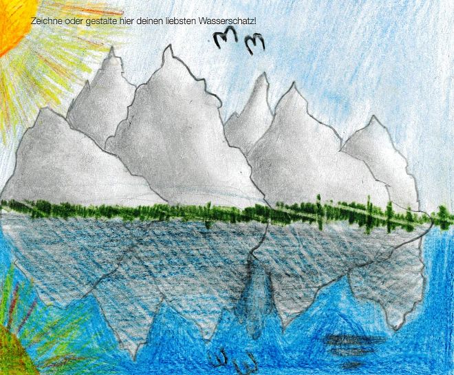 Einreichung beim Trinkpass 2025, zu sehen ist eine gemalte Berglandschaft mit See.