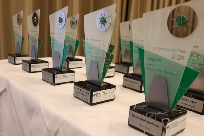Trophäen des Umweltmanagementpreises 2024 in Großaufnahme