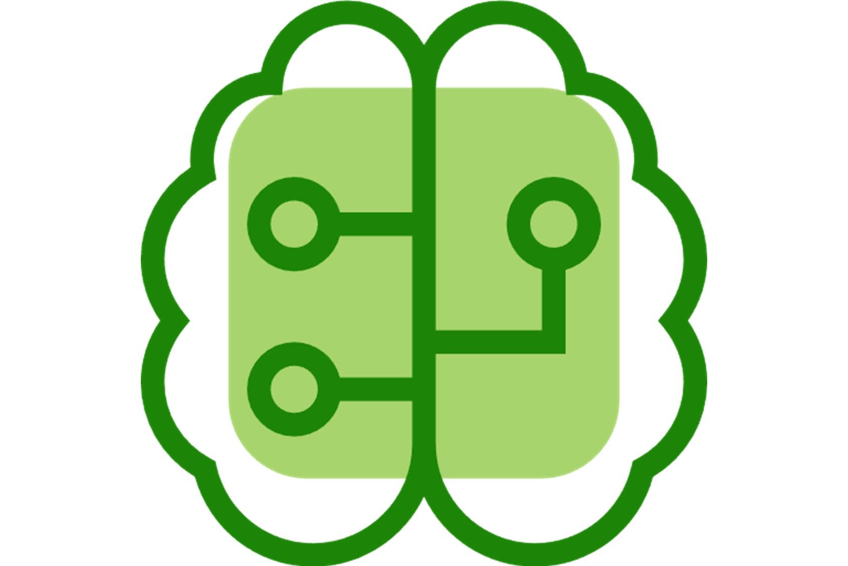 Icon dunkelgrüne Umrisse eines Gehirns mit elektrischen Leitungen vernetzt auf hellgrünem Hintergrund